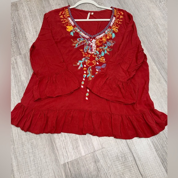 Grand & Greene Women Size L Rust Crimson White Floral Tunic Top Blouse Shirt - Picture 12 of 12